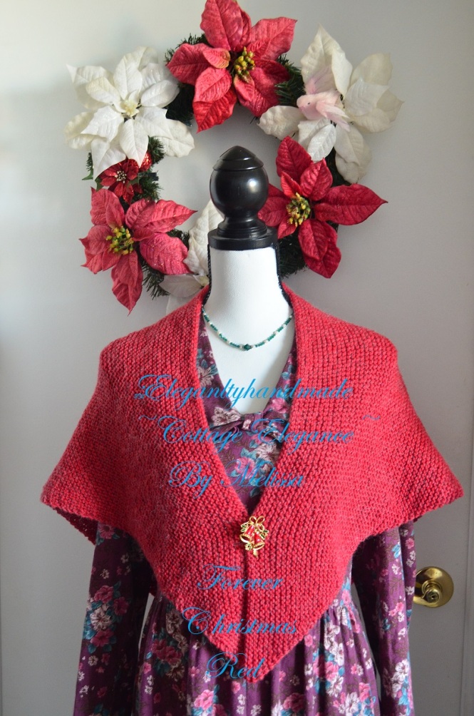 Forever Christmas Red Tasha Tudor Style Cottage Elegance Kindred Spirit Vermont Wool Hand knit shawl PDF Pattern elegantlyhandmade.etsty.com